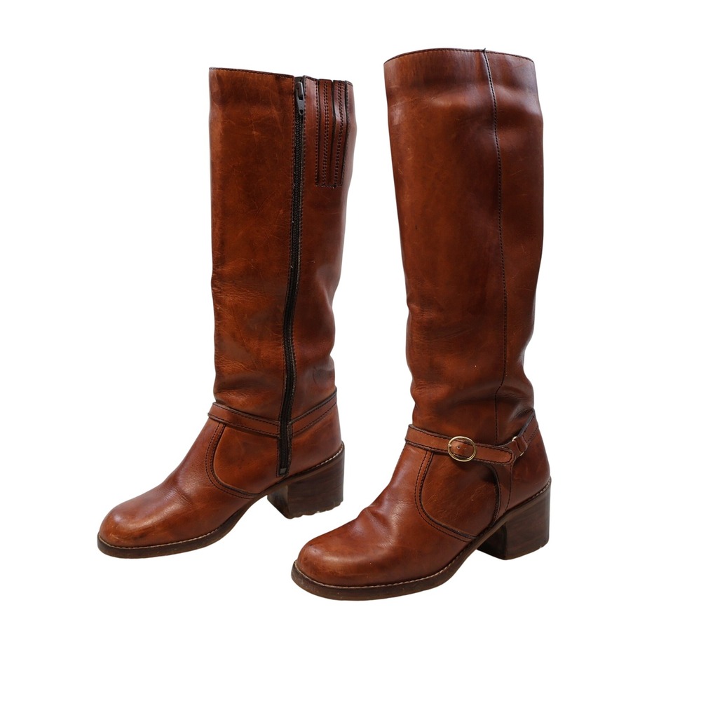 Imperial Women 8.5B Tall Riding Boots Cognac Leather Block Heel Made in Brazil